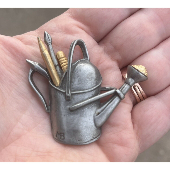Vintage Pewter Brooch Pin Garden Water Can Paint Brushes Signed M. Basting 1999 - Picture 2 of 9